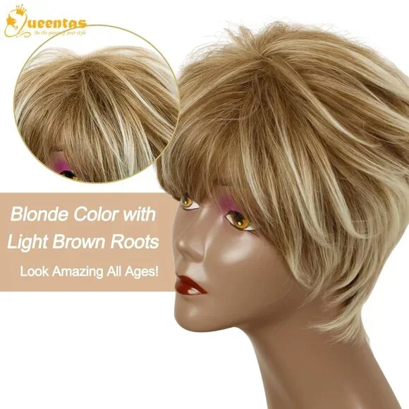 Pixie Layered Short Blonde Wigs for White Women Black Women Synthetic Hair Blond